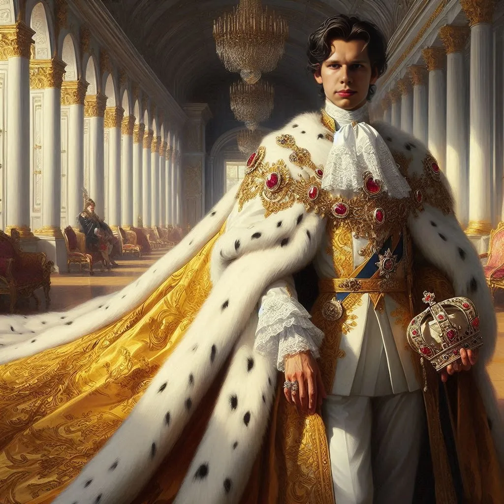 A Tsar surrounded by lavish wealth and opulence, immersed in the affluence of the grand ballroom