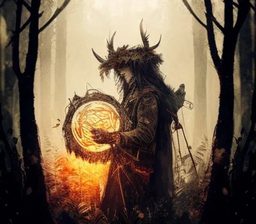 a man with horns and a horned head holding a basket in a forest