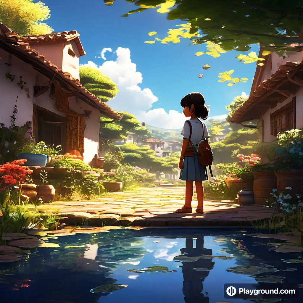 a little girl standing in front of a pond