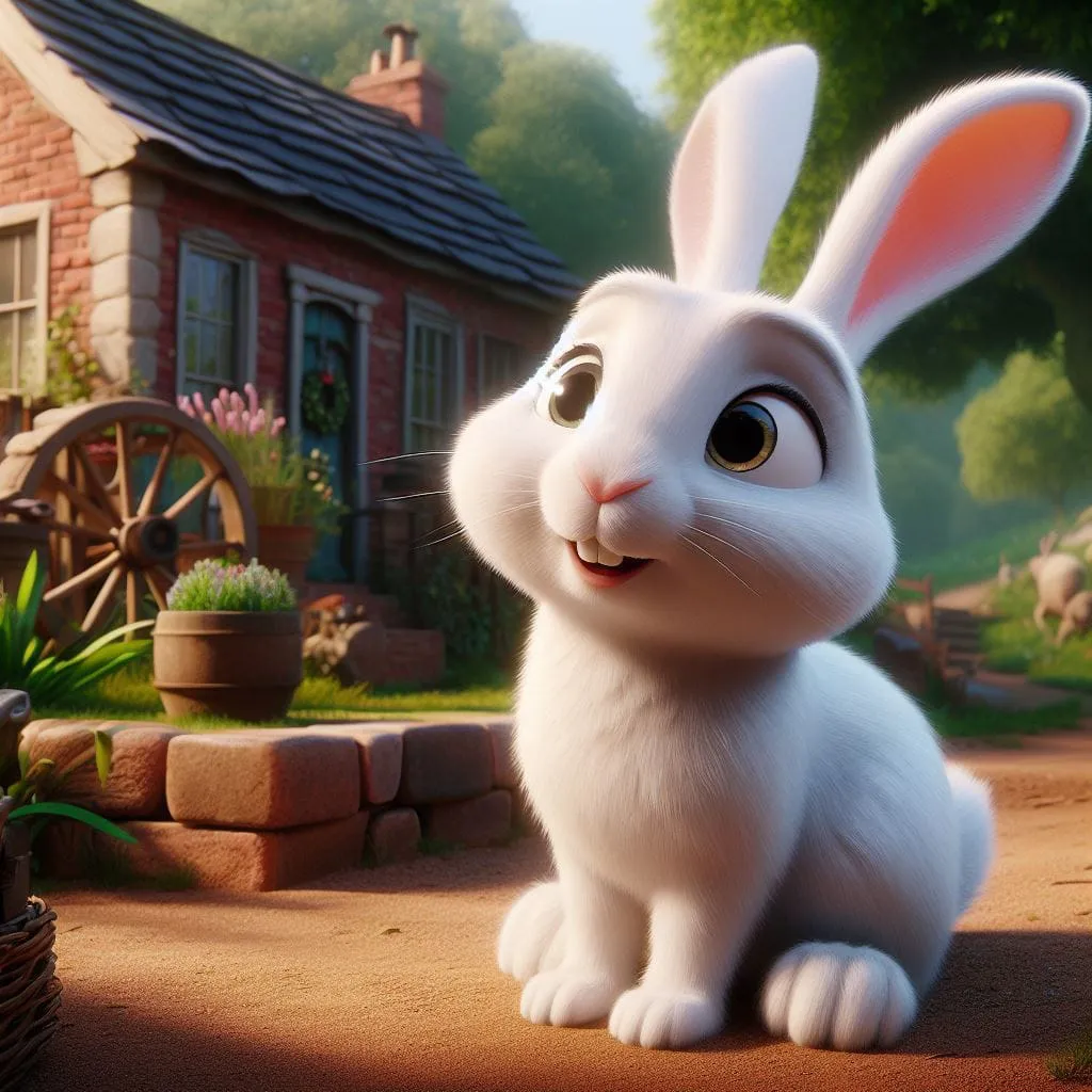 a white rabbit sitting in front of a house