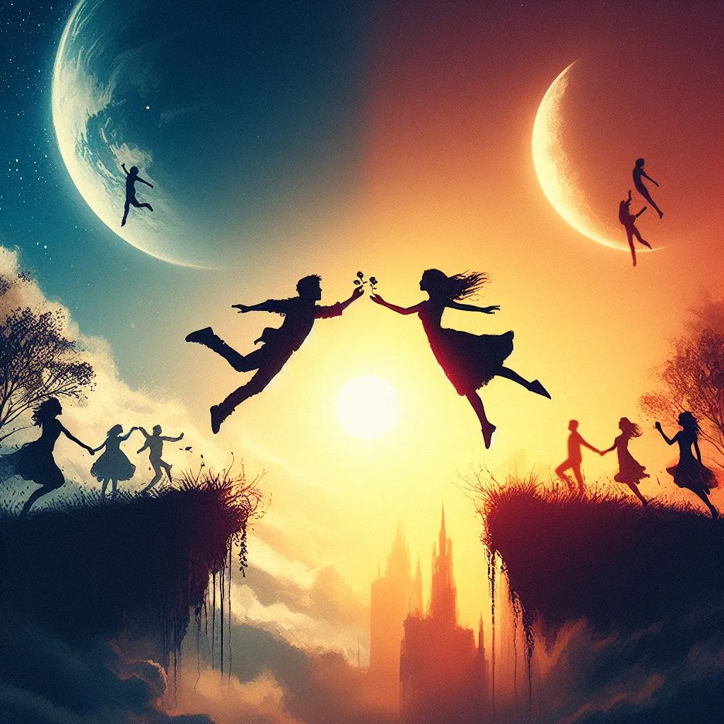 a silhouette of people jumping to each other