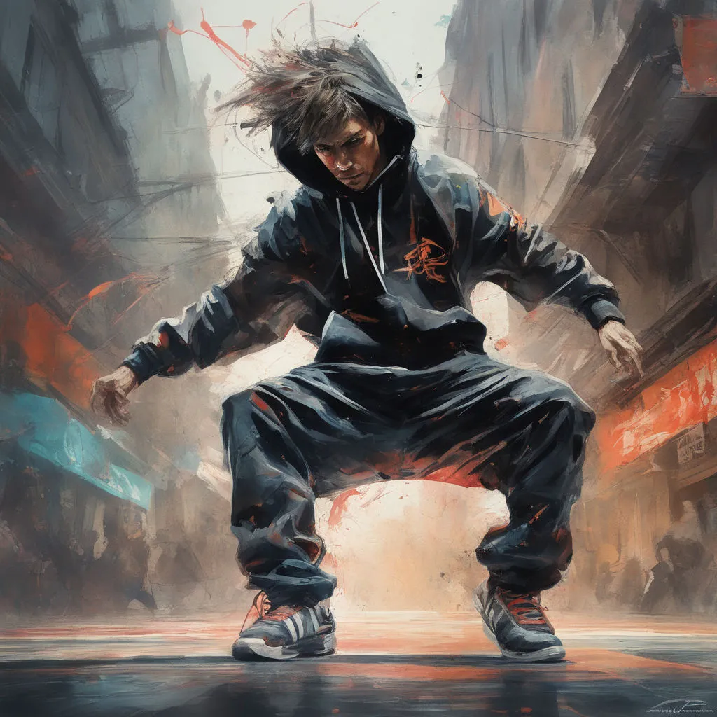 a painting of a man in a hoodie doing a trick