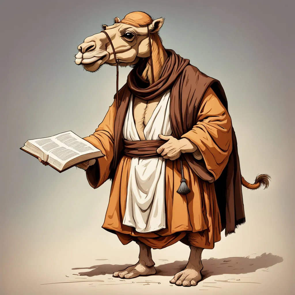 a cartoon of a camel dressed as a man reading a book orando com as maãos para o ceu