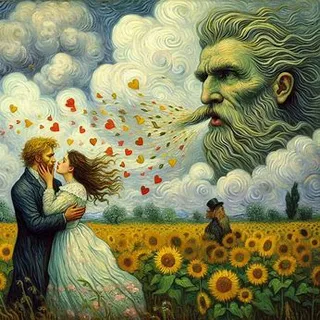 a painting of a couple kissing in a field of sunflowers