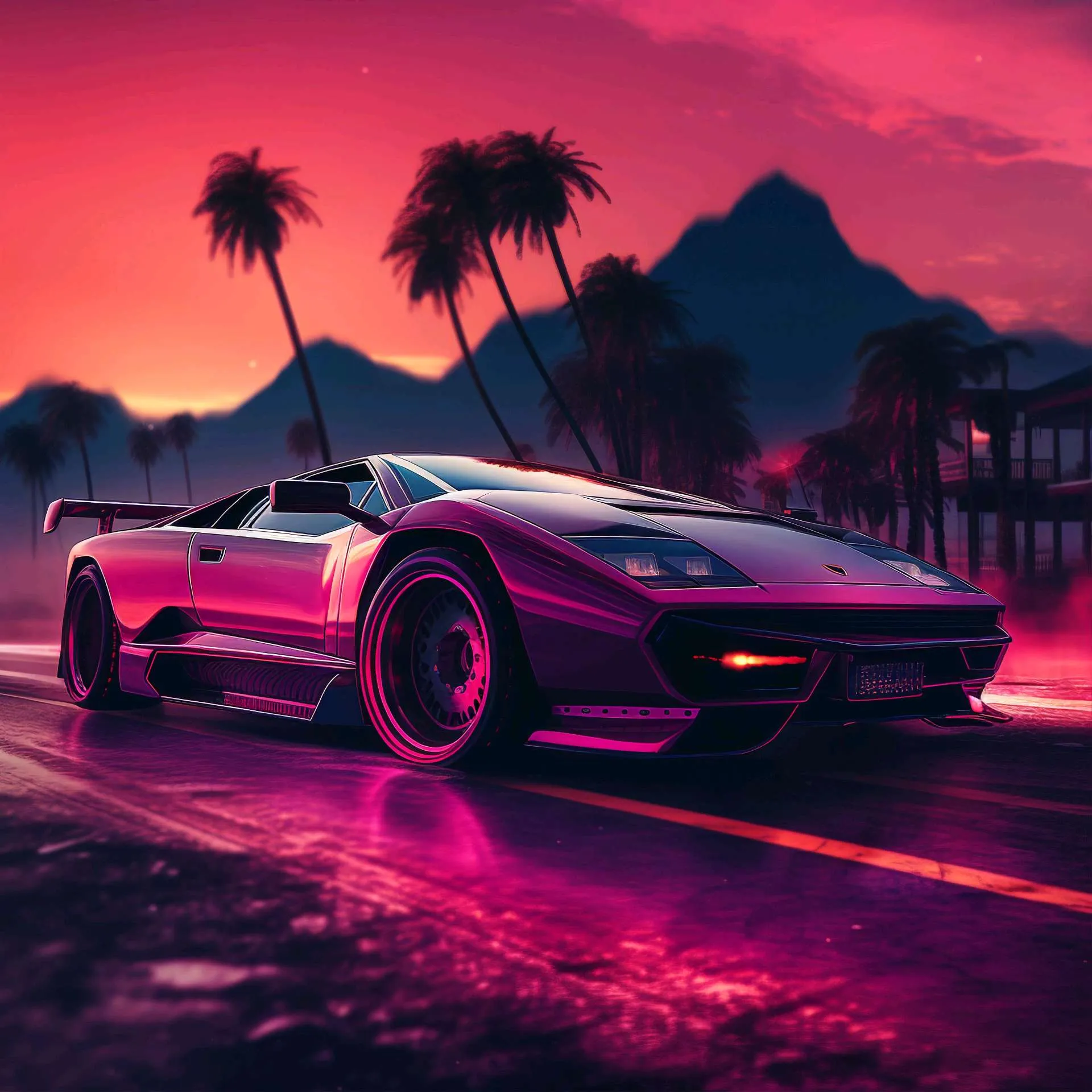 A hot pink chrome lamborghini, driving fast through the empty streets of palm springs on a rainy evening, epic,attention to detail, trending,masterpiece 8k, UHD, NEON,, advertising style