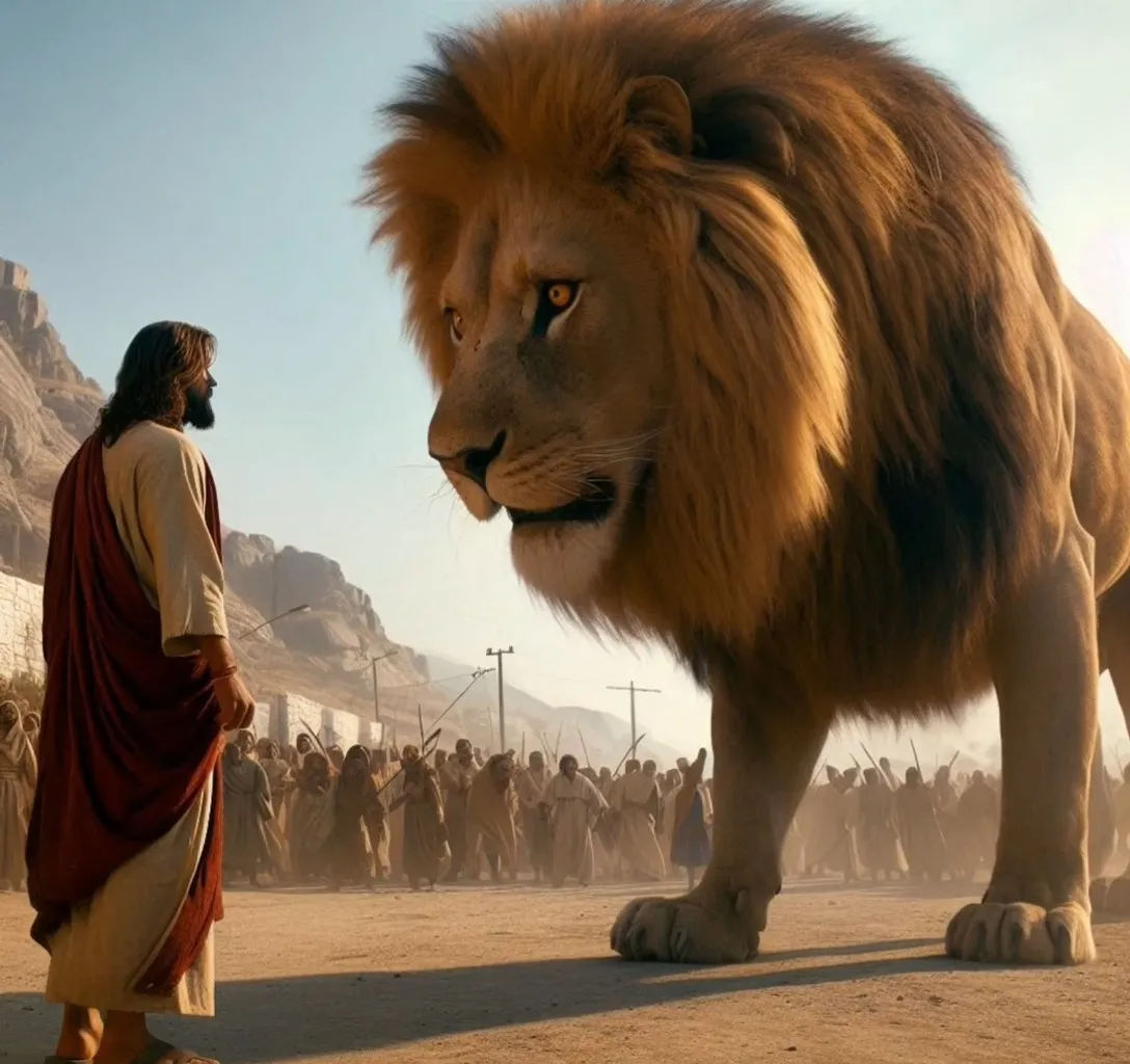 a lion standing next to a god-jesus in a desert