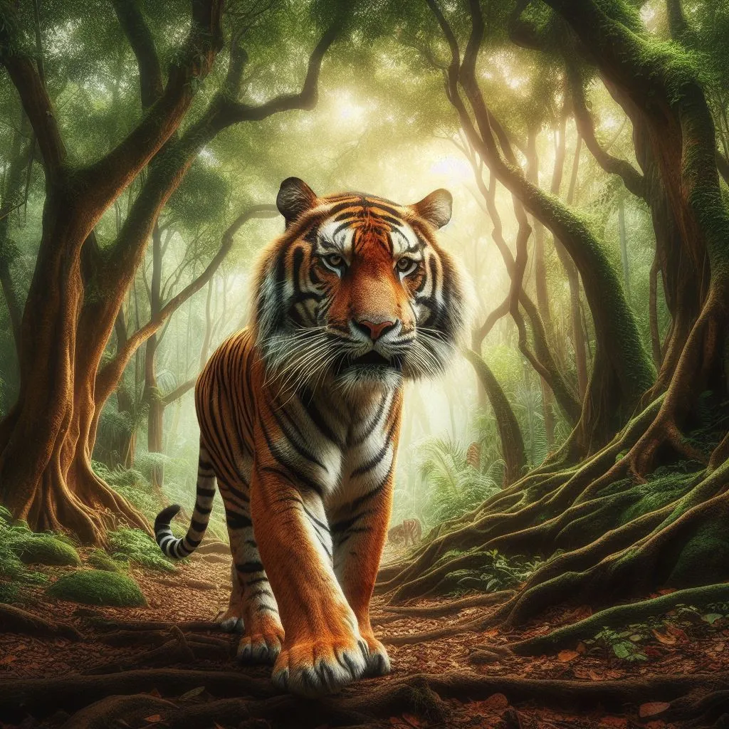 a tiger walking through a forest filled with trees