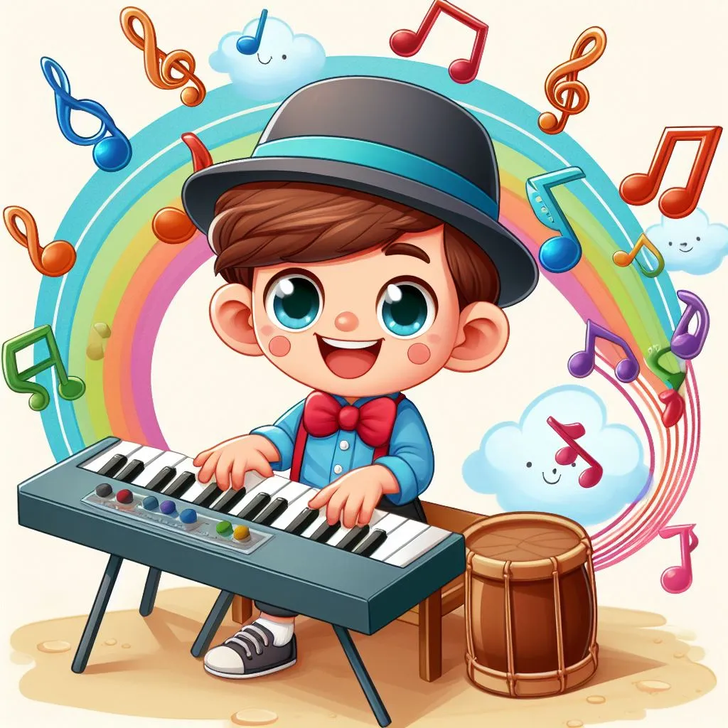 a boy playing a keyboard with musical notes around him