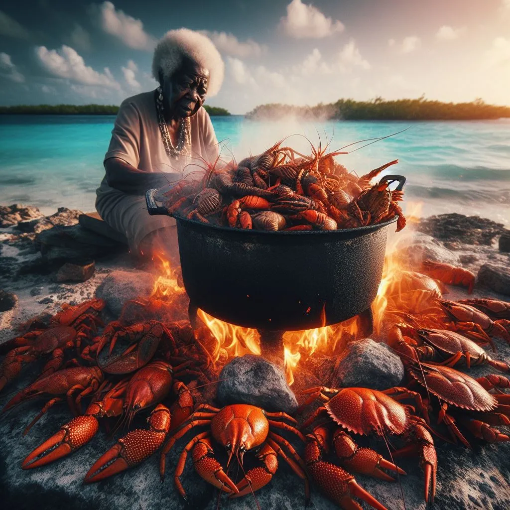 a man sitting on a beach next to a pot of lobsters