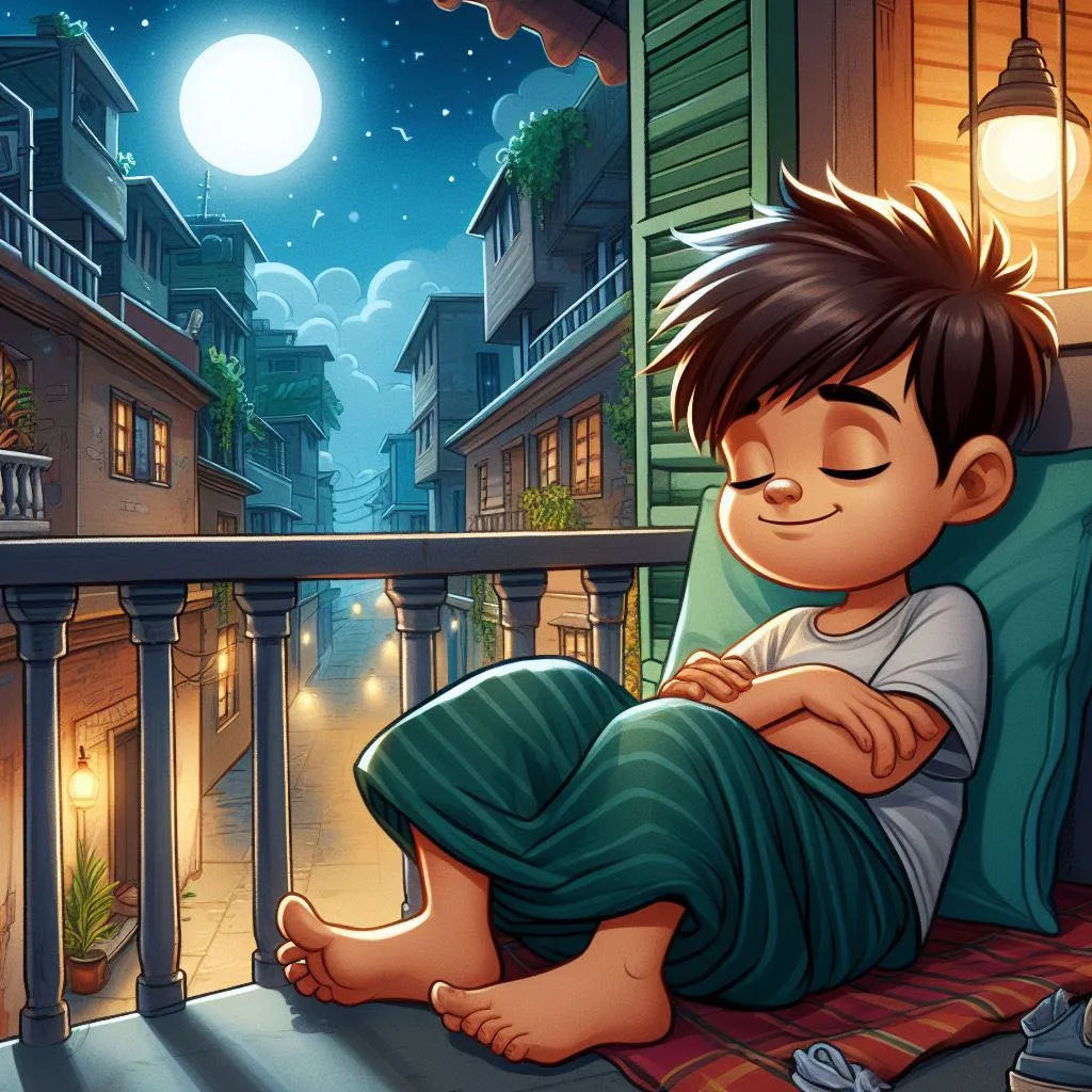 a boy is sleeping on a balcony at night