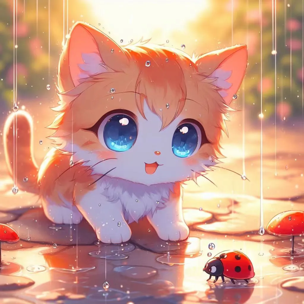 a little kitten sitting on top of a puddle of water