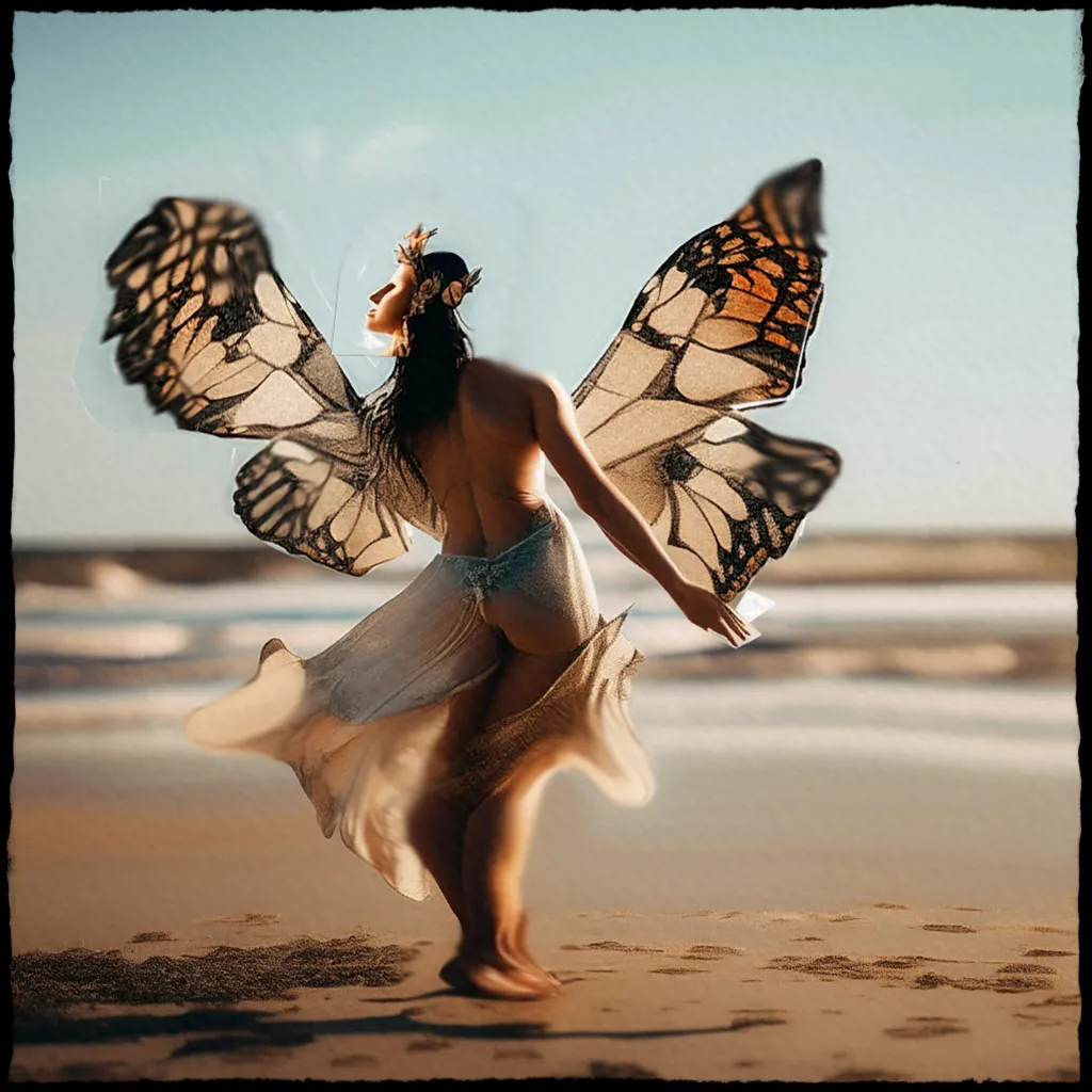 a woman with a butterfly wings on a beach