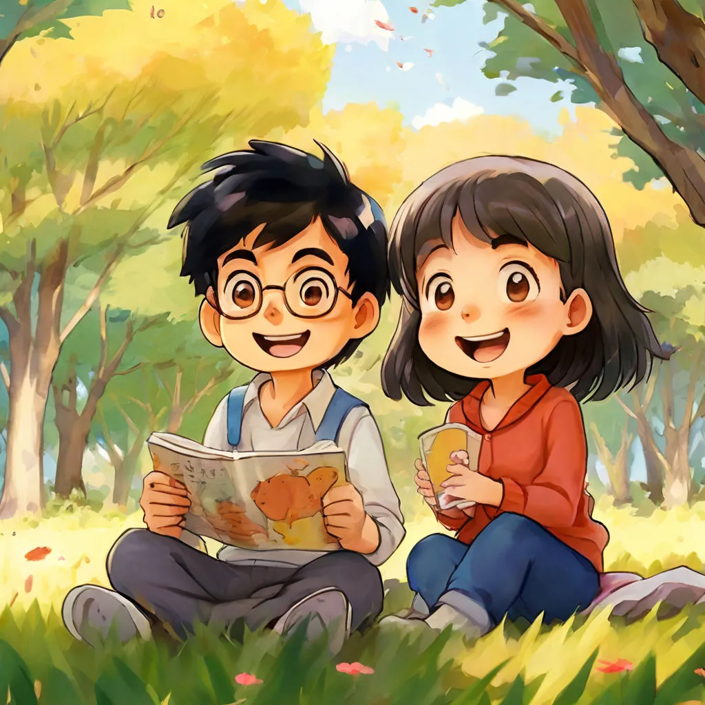 a boy and a girl sitting in the grass reading a book