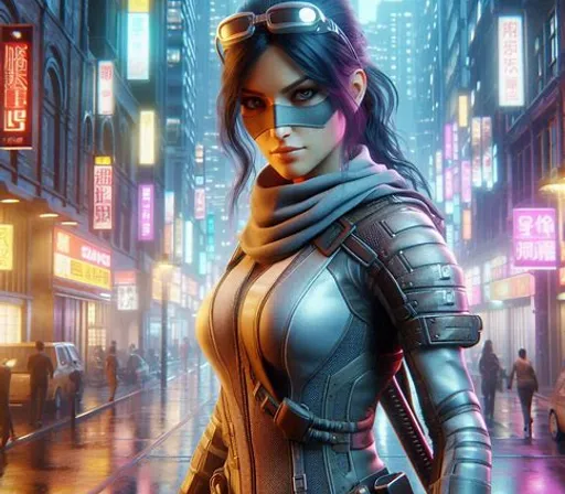 a woman in a futuristic suit standing on a city street