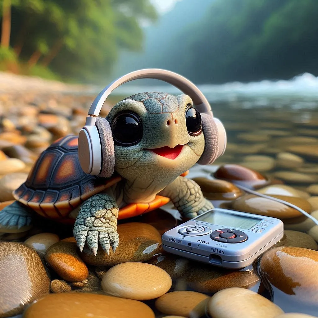 a little turtle with headphones and a cell phone