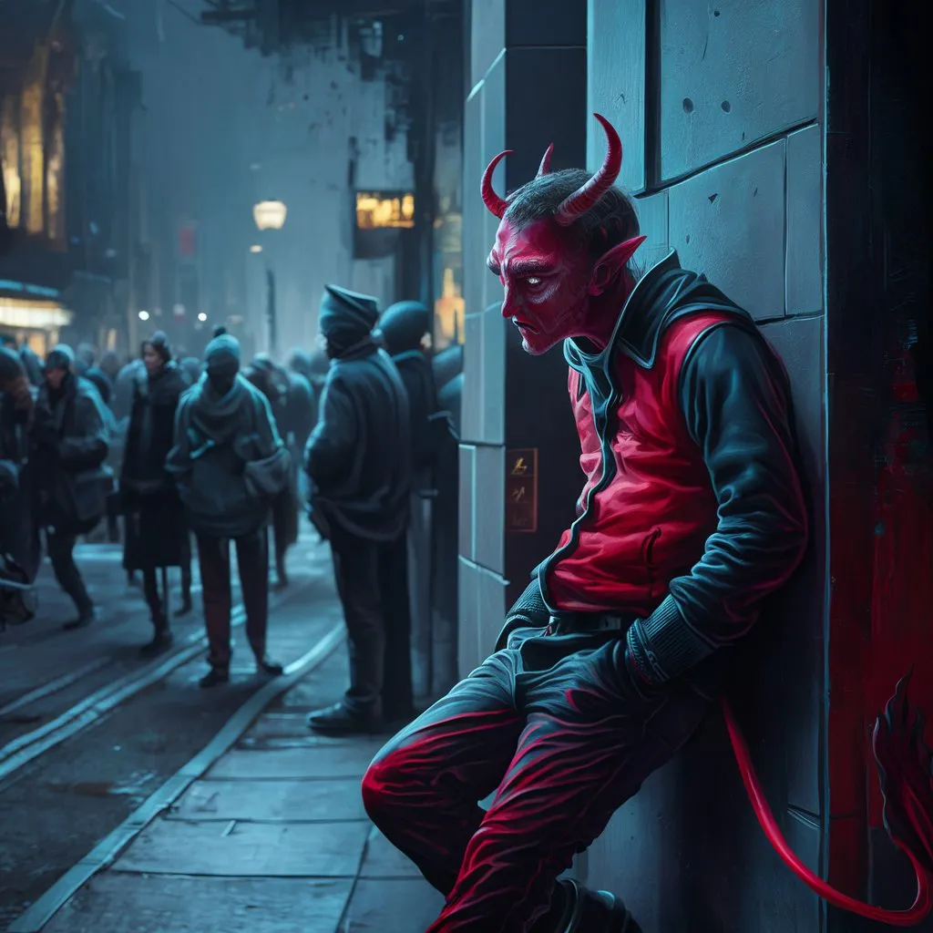 a man in a devil mask sitting on a wall