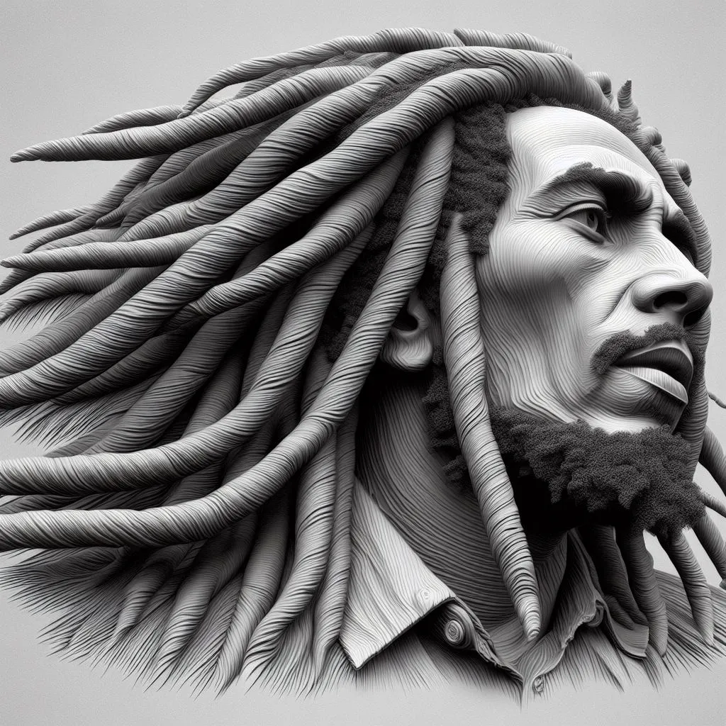 a black and white photo of a man with dreadlocks