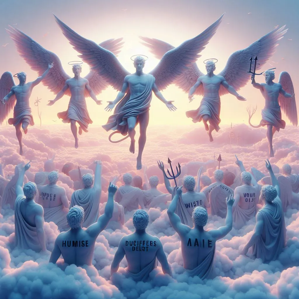 a group of angels flying above a group of people