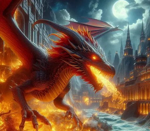 a red dragon flying over a city on fire