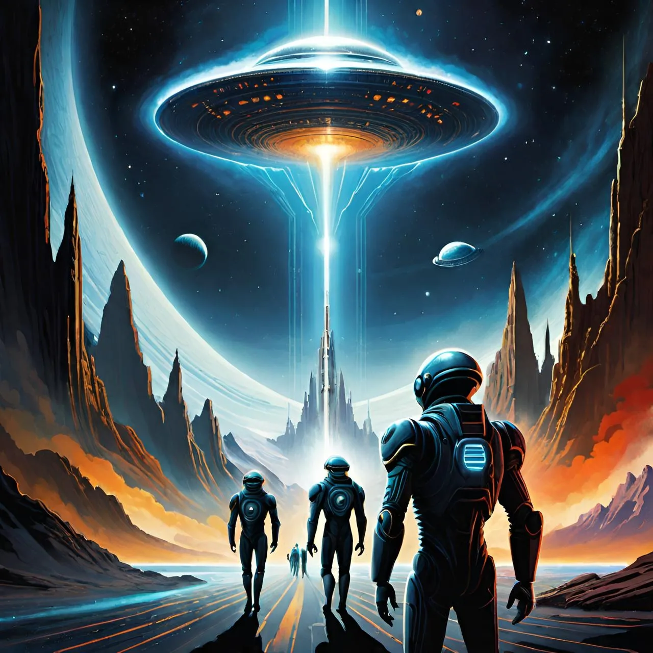 a group of people walking down a road in front of a spaceship