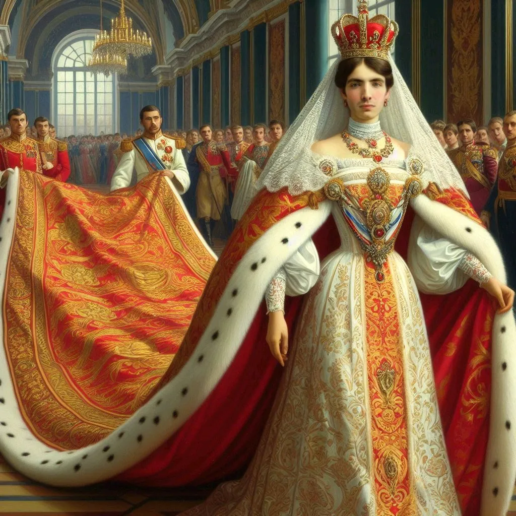 Empress in royal gown and luxurious coronation ermine trimmed mantle