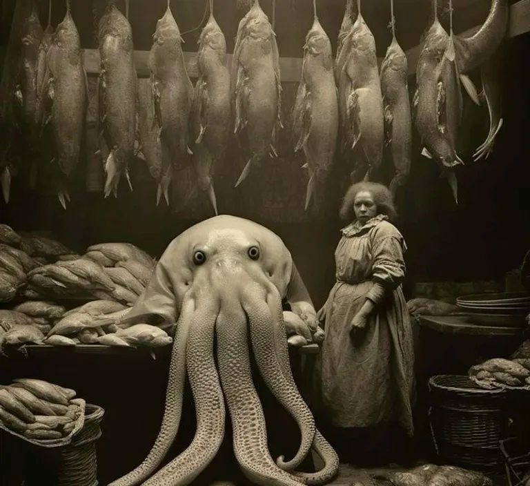 a woman standing next to a giant octopus