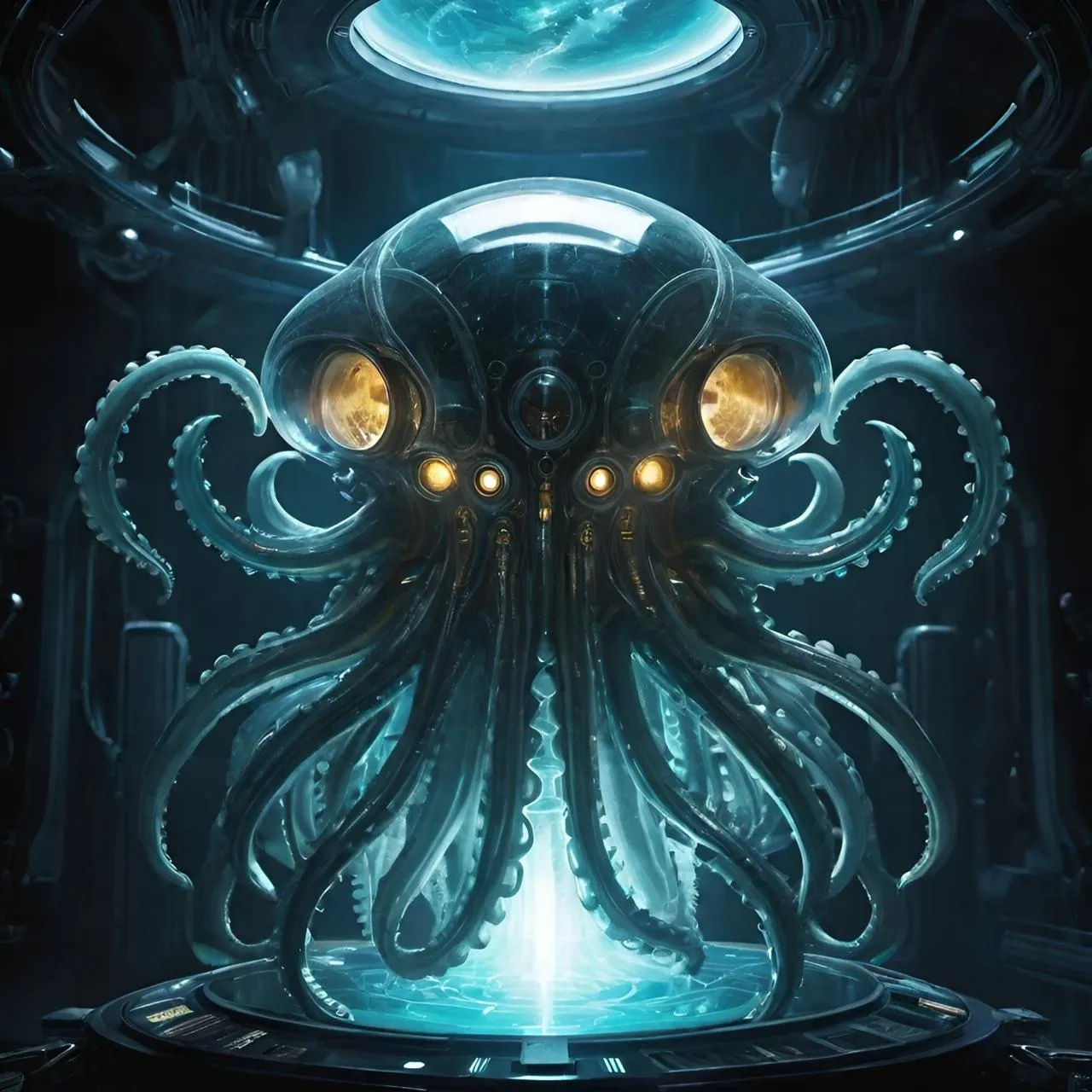 a large octopus with glowing eyes in a dark room