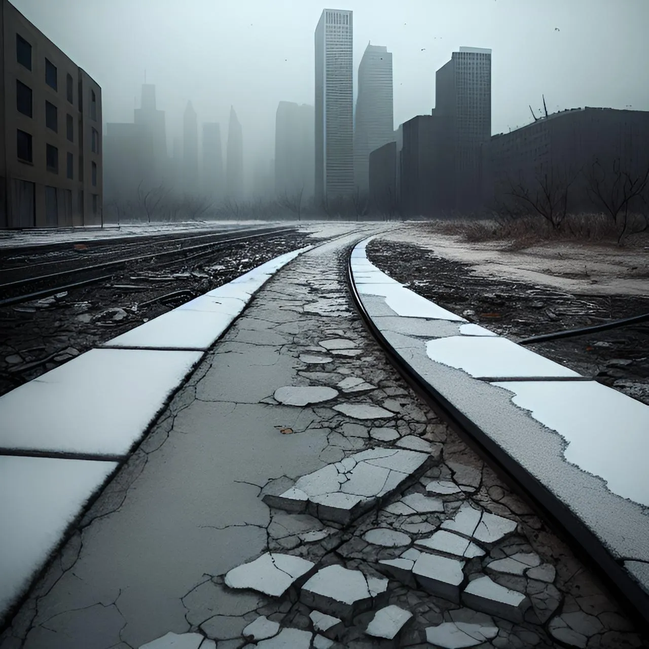 a train track with a city in the background