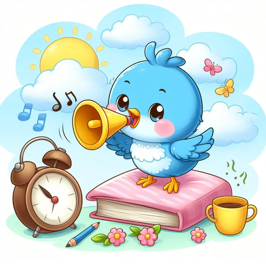 a blue bird sitting on top of a book next to an alarm clock