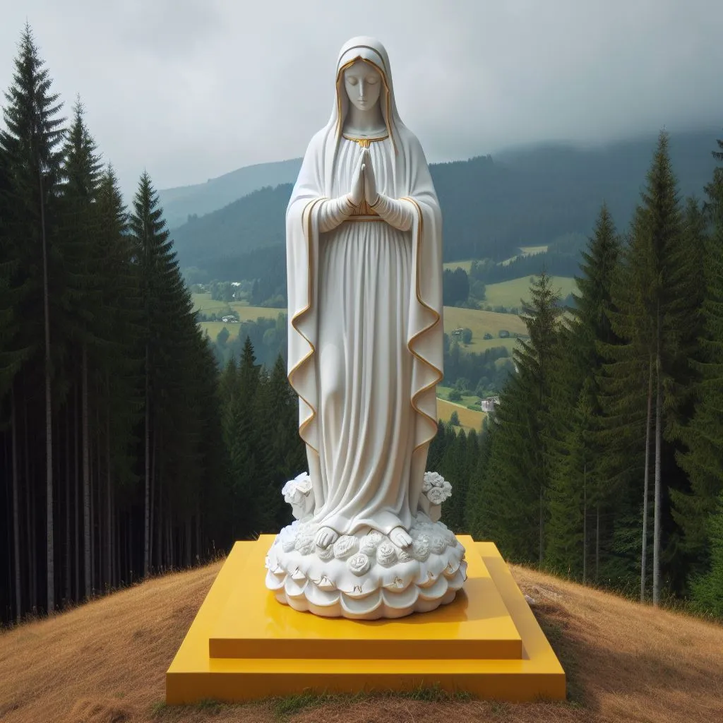 a statue of the virgin mary on a hill, Caribbean forest in background