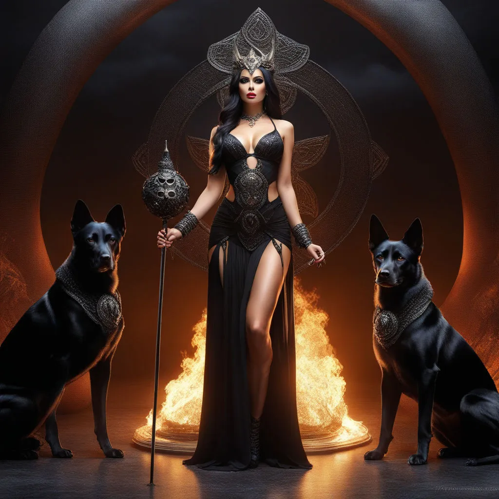 a woman in a costume standing next to two dogs