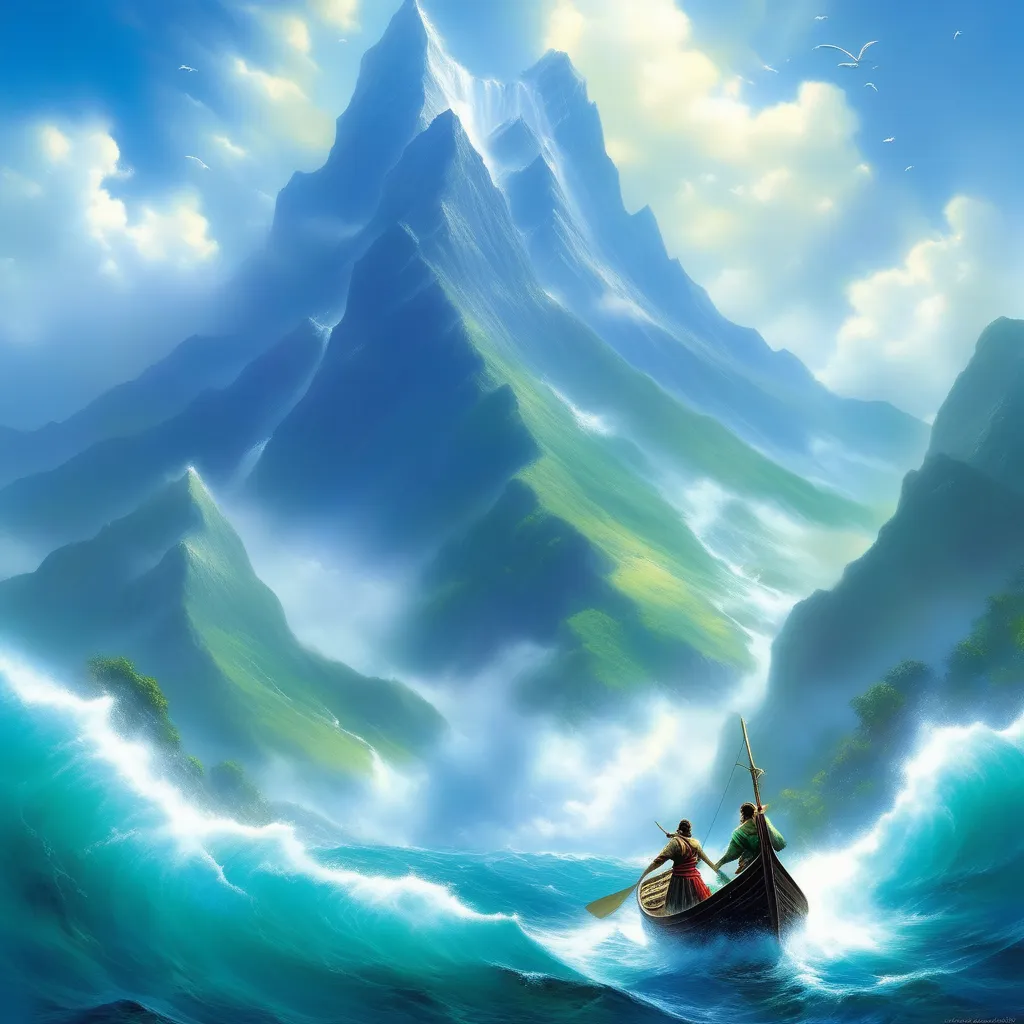 a painting of two people in a boat in a large body of water; mountains background; 4k 