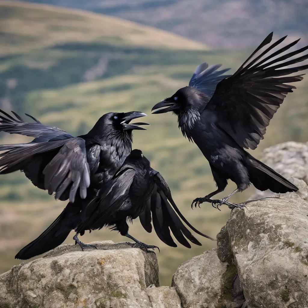 a couple of black birds standing on top of a rock