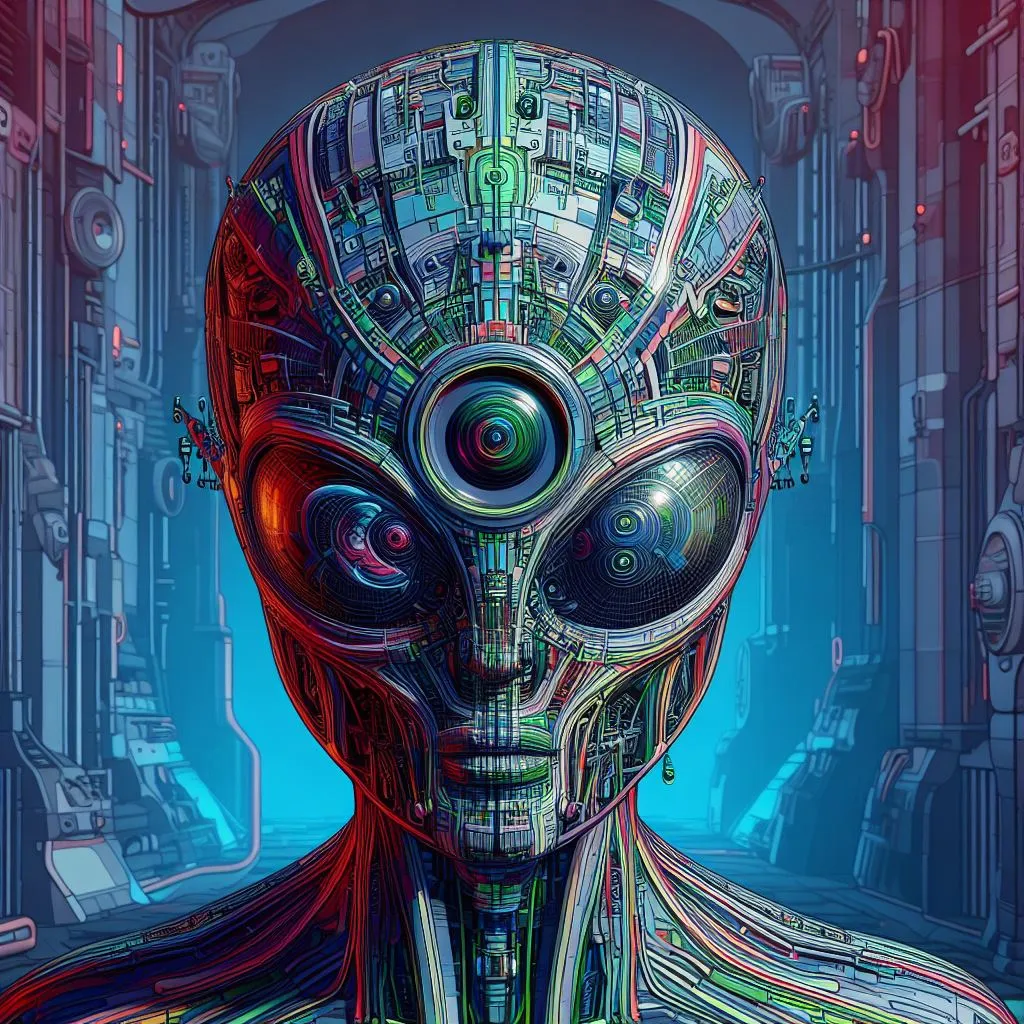 a digital painting of an alien head with a futuristic city in the background