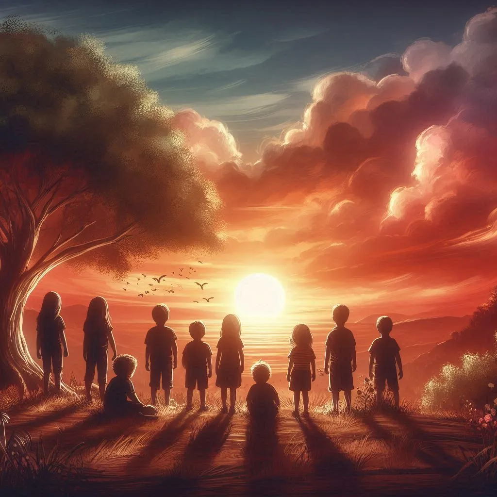 The group of children gather to watch the sunset, symbolizing the end of a challenging day and the promise of a new beginning.