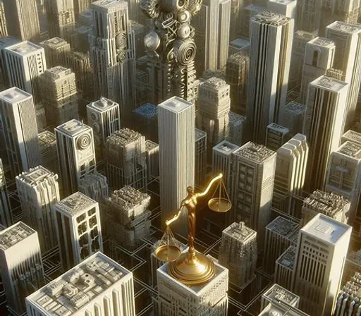 a golden statue on top of a golden scale in a city