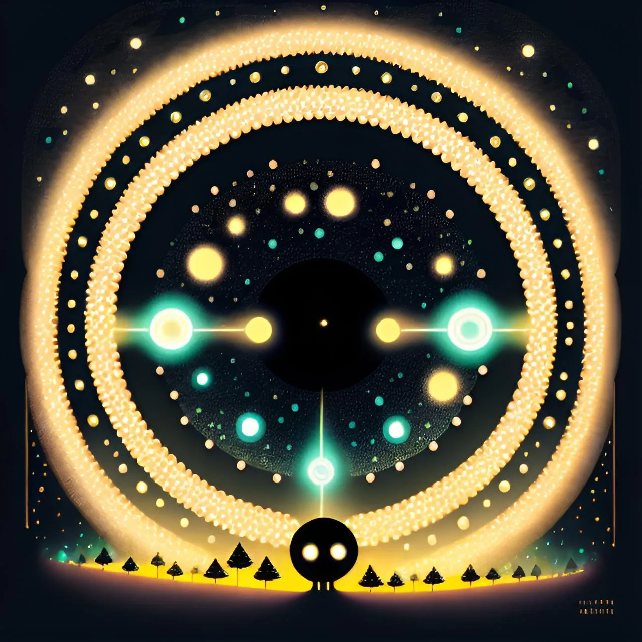 a digital painting of a circle of lights and a tree