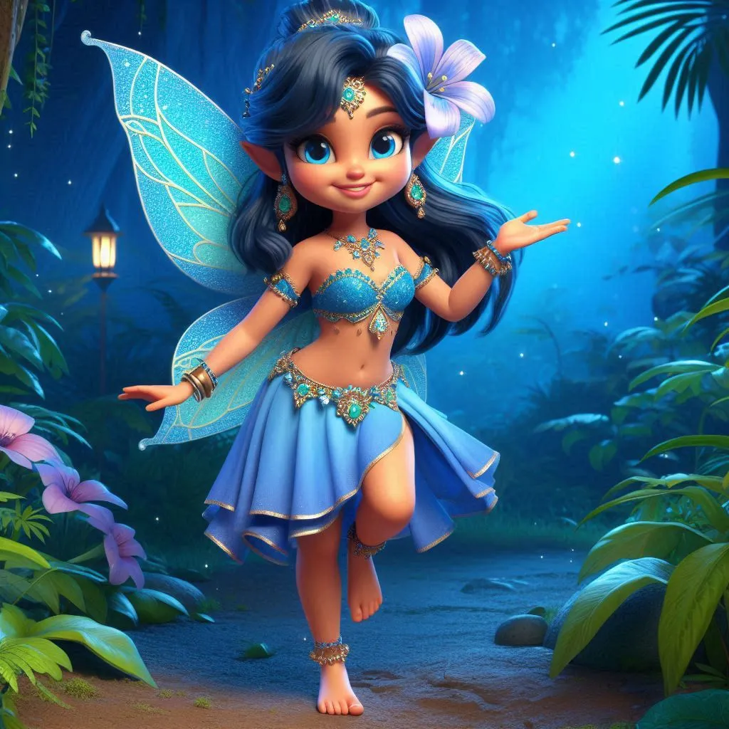  a beautiful fairy with blue hair wearing blue lehehenga smiling ,flower  on the head in the jungle at night   standng barefoot 3D animation cartoon 