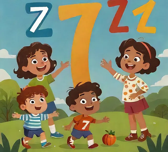 a group of children standing in front of a number seven