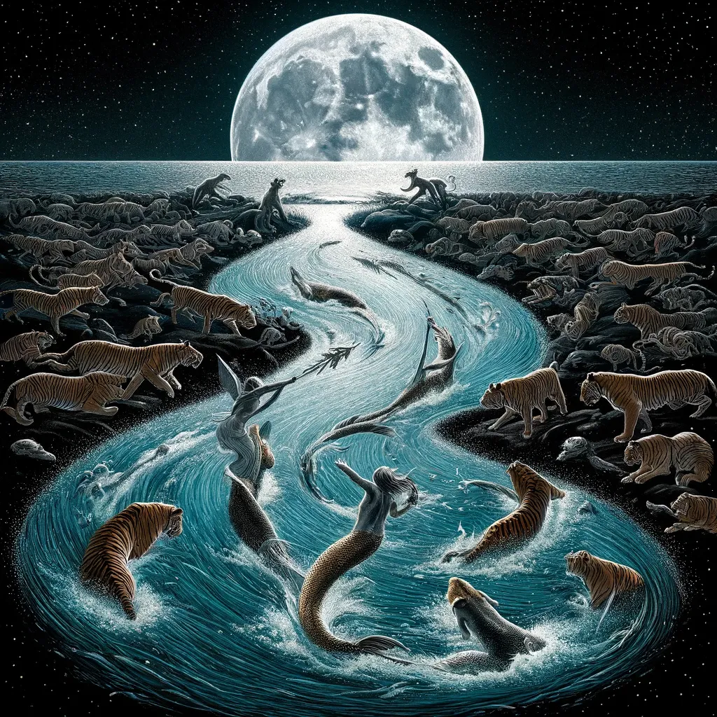 a painting of animals swimming in a body of water