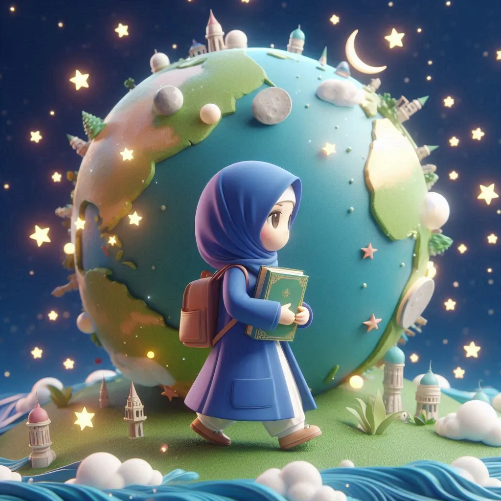 a little girl is standing in front of a globe