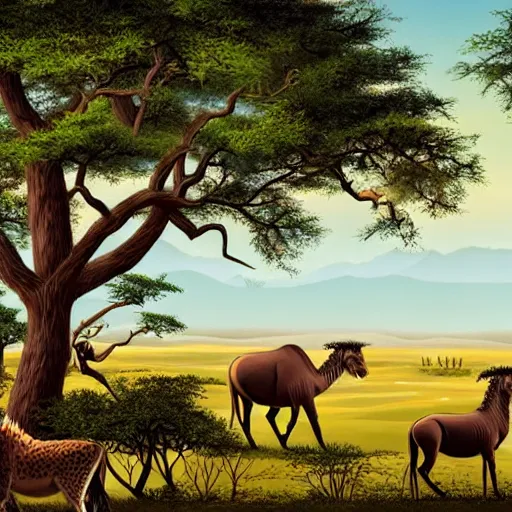 a painting of zebras and giraffes in the wild