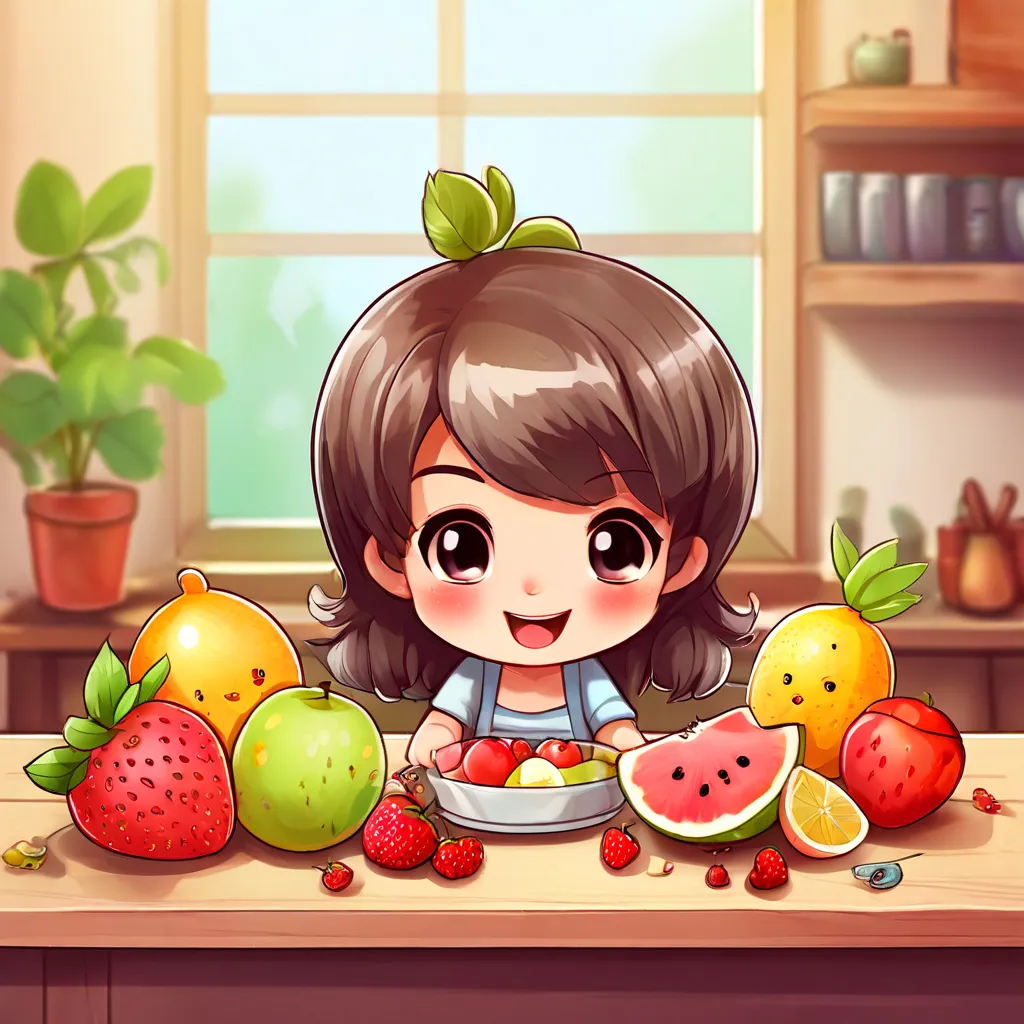 a little girl standing in front of a bowl of fruit