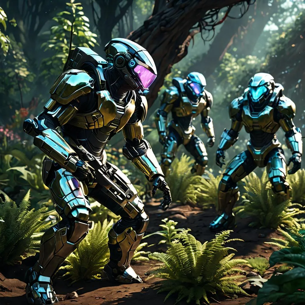 a group of people in suits and helmets in a forest