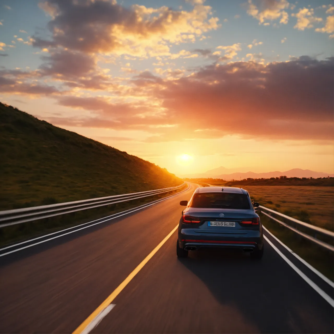 A car driving on a road at sunset, with a purple and orange afterglow on the clouds