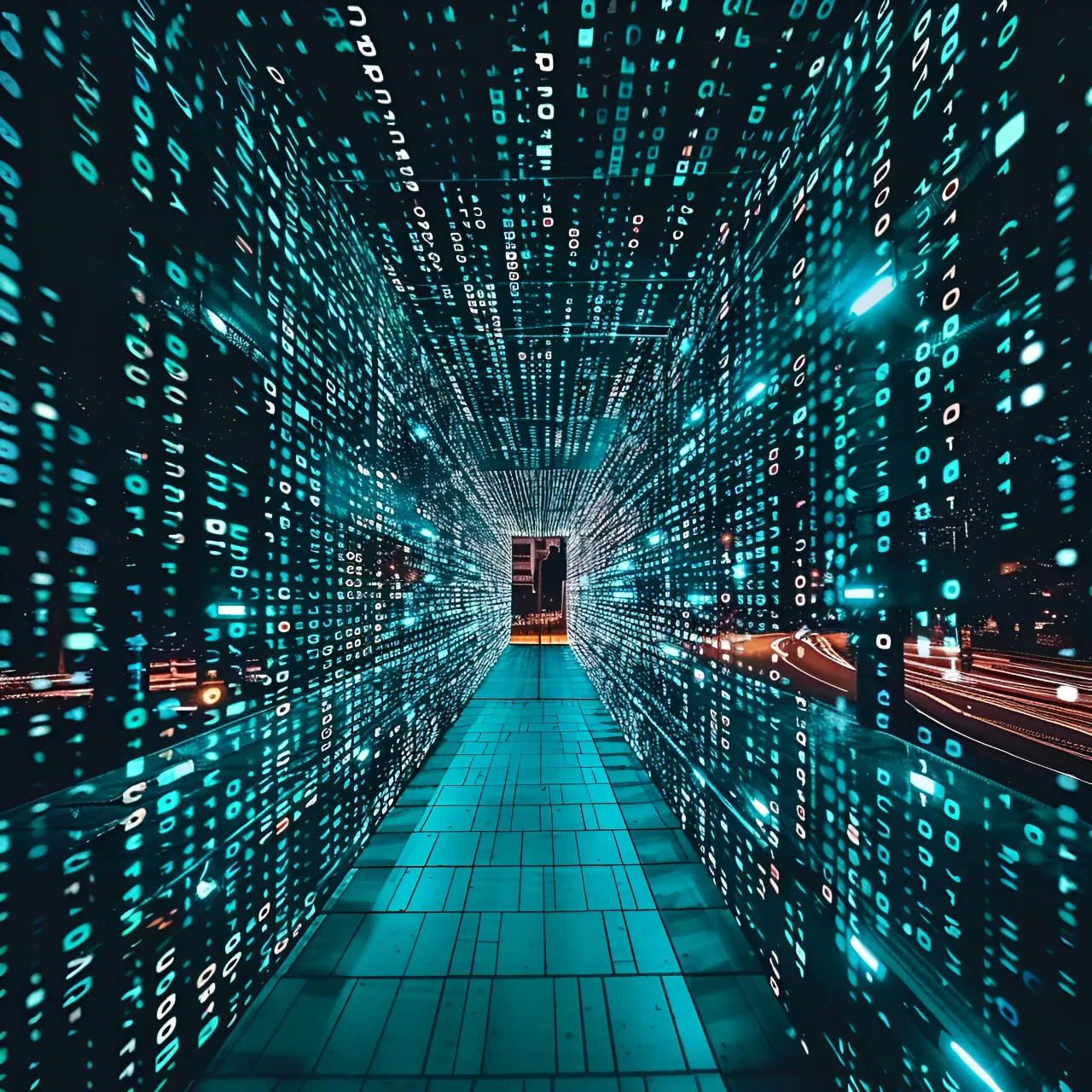 a tunnel of blue and green lights in a building