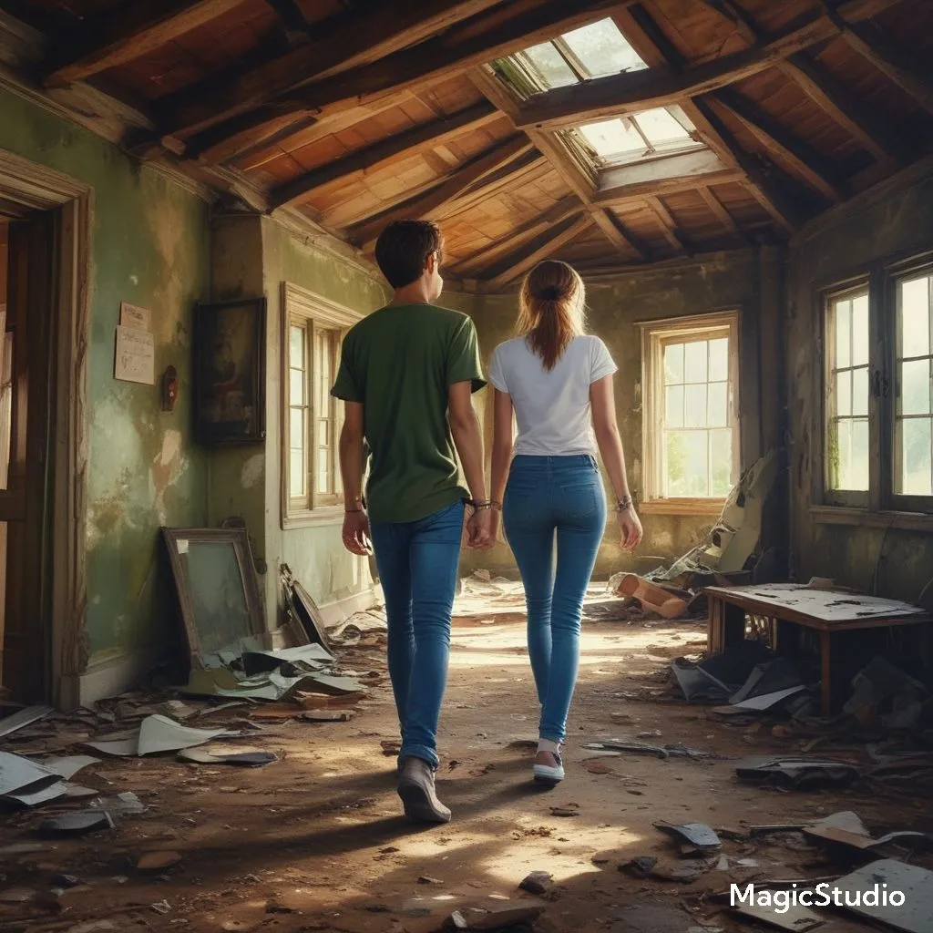 a man and a woman walking through a room full of debris zoom out