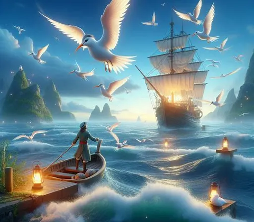 a painting of a man in a boat surrounded by seagulls