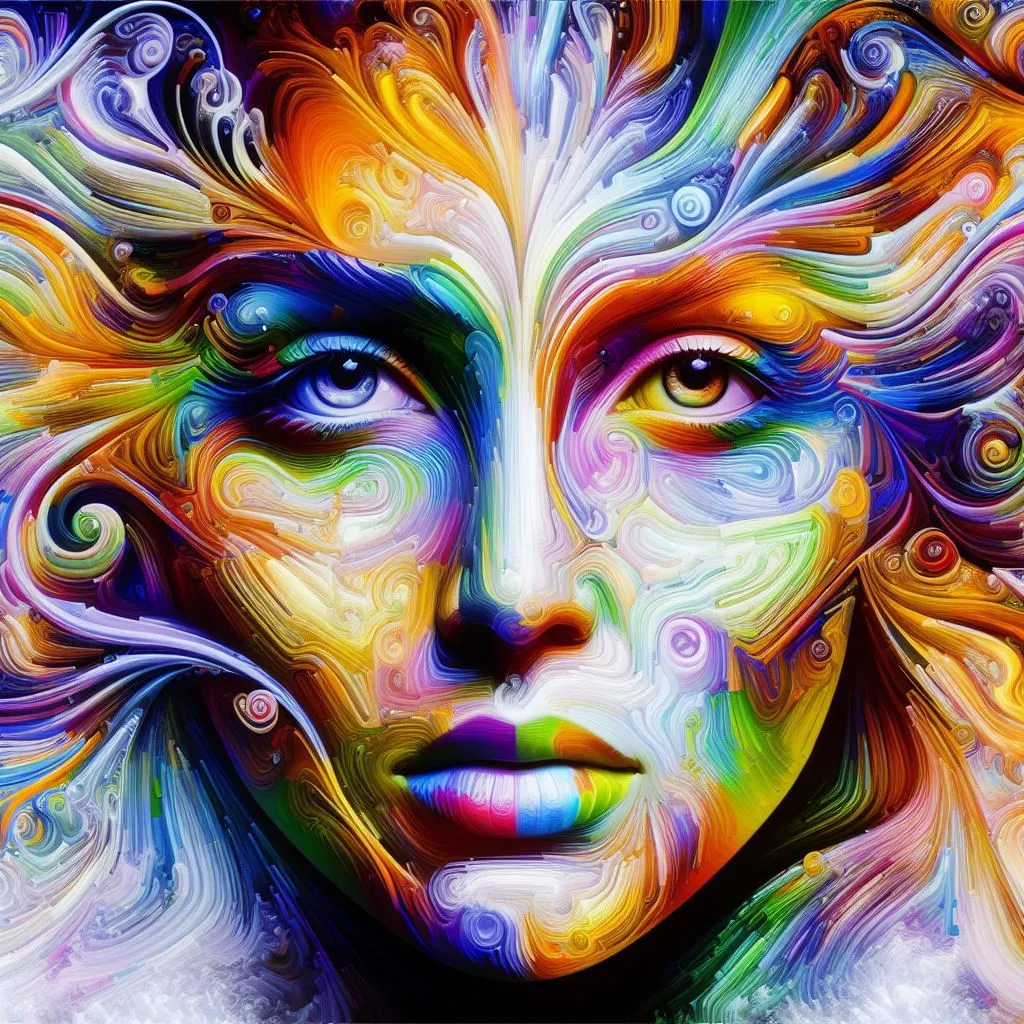 a painting of a woman's face with colorful swirls