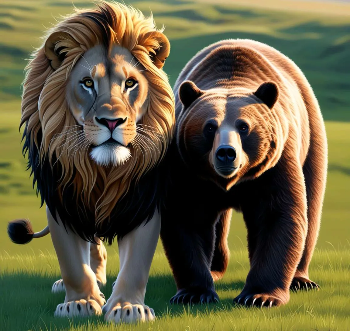 lion and bear is running on road  and lion is running Faster , advertising style